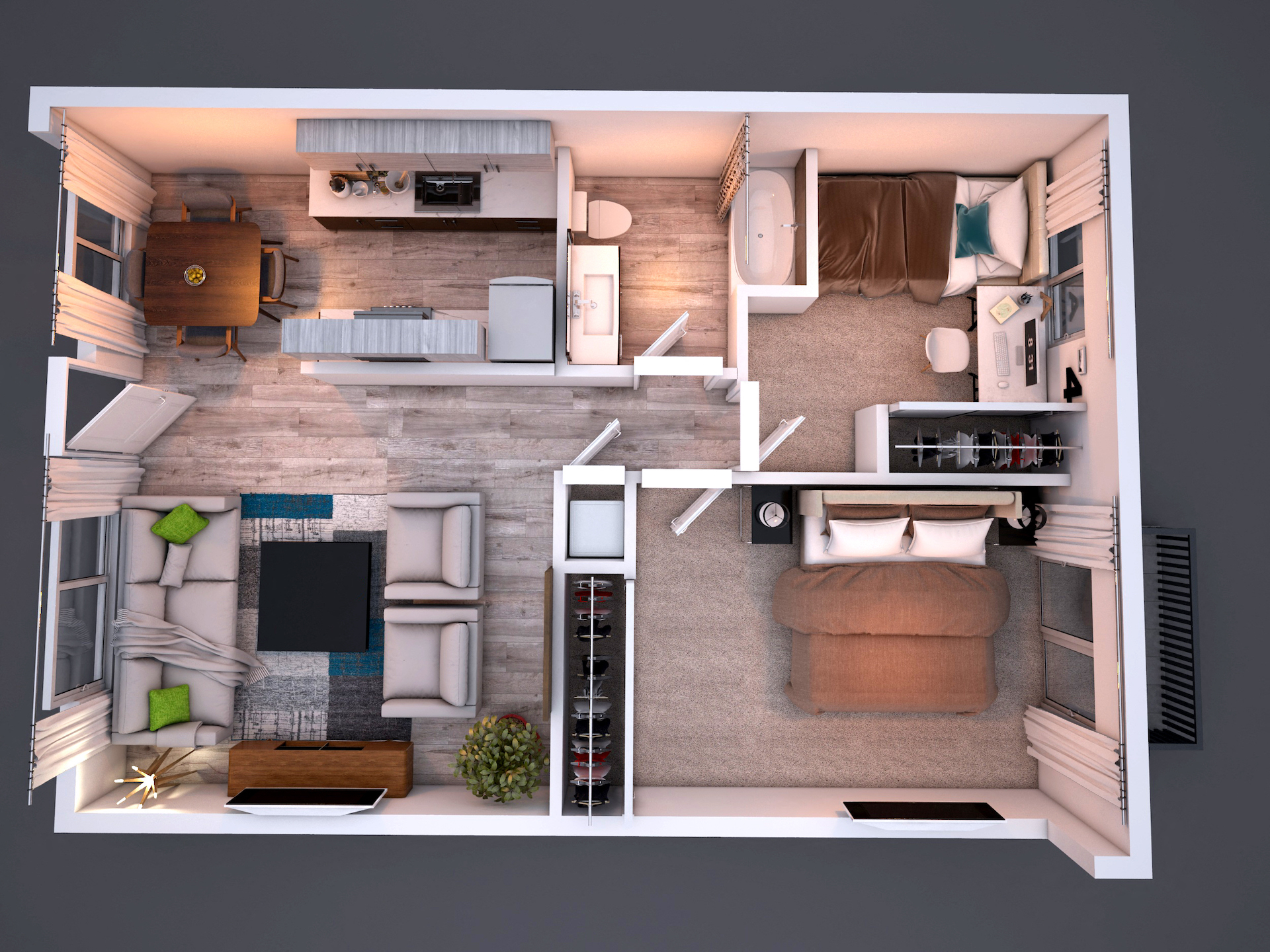 Floor plan for 2 beds, 1 bath, 869 sqft